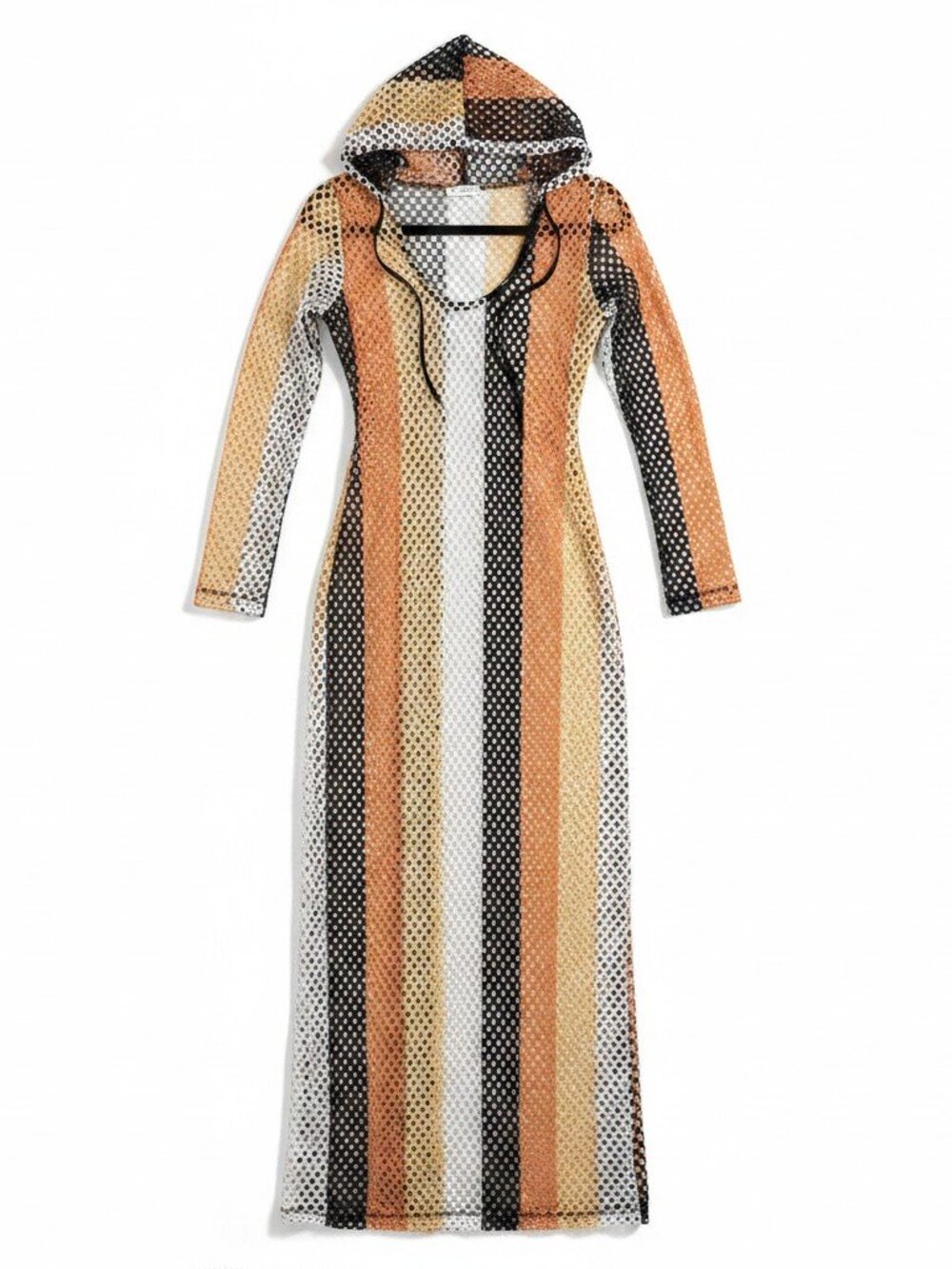 Women’s Hooded Mesh Swim Coverup in Black, White & Tan Stripes